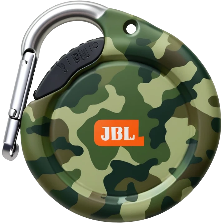 Minimal JBL Clip 4 with proper circular form, carabiner clip, green camouflage, and JBL branding visible, iOS emoji style emoji