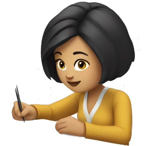 white woman with short black hair writing  a notebook on a desk emoji
