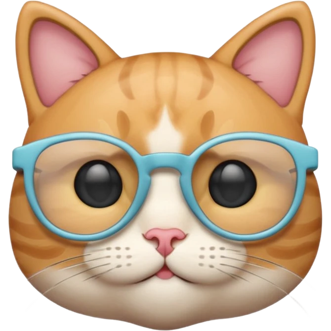 A cute cat emoji wearing geek-chic glasses, minimal design, simple shapes, soft pastel colors, clean vector style, centered composition, emoji style, smooth lines, subtle shadow, high resolution, transparent background, PNG format, no background emoji