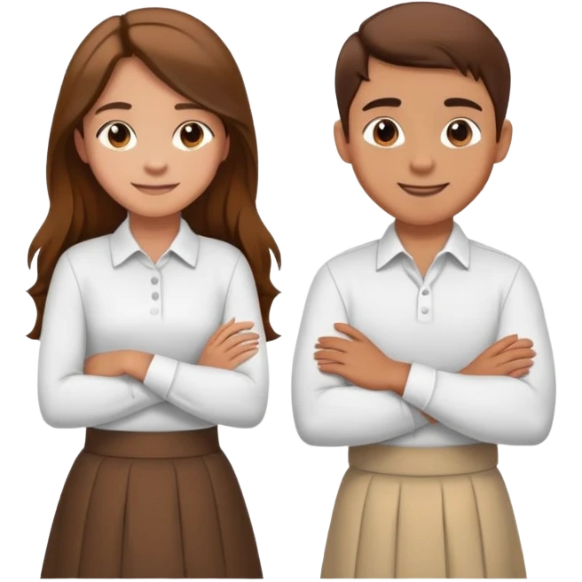 A boy in a white shirt and a girl with long hair in a skirt crossed their arms over their chests - with happy faces emoji