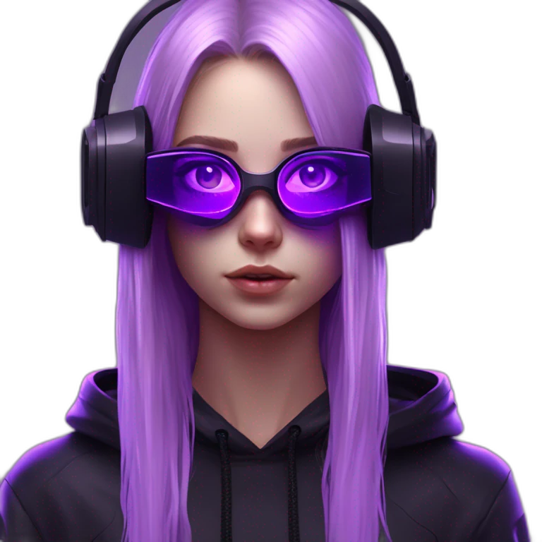 Russian girl wearing black hoody with violet letters "OMG", in vr headset. Cyberpunk style. Violet neon. emoji