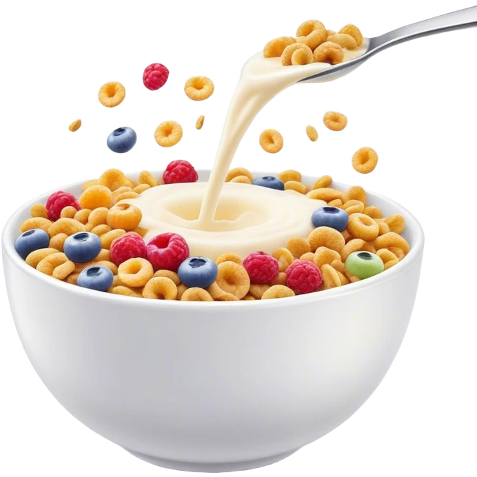 Cinematic crunchy cereal, vibrant and colorful, splashing into a bowl of cold milk, soft glowing background, dynamic movement, playful and inviting, nostalgic and fun. emoji