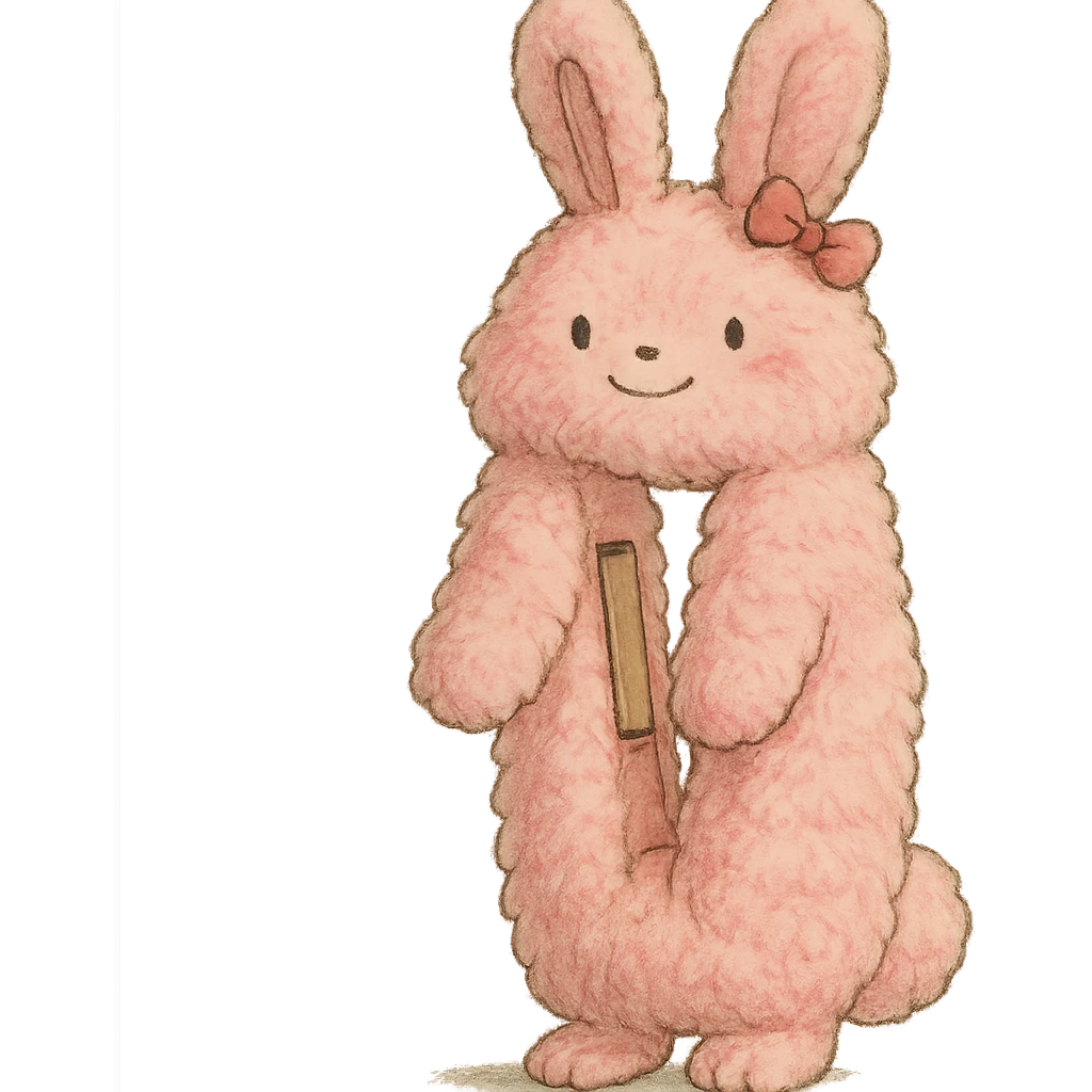 Ghibli-style hair straightener shaped as an ultra-fluffy soft pink bunny tiny bow gentle happy face full-body with extra plush and softness emoji