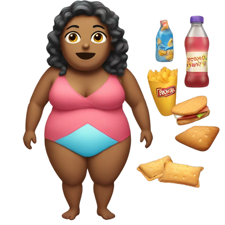 Fat lady with snacks and bathing suit emoji