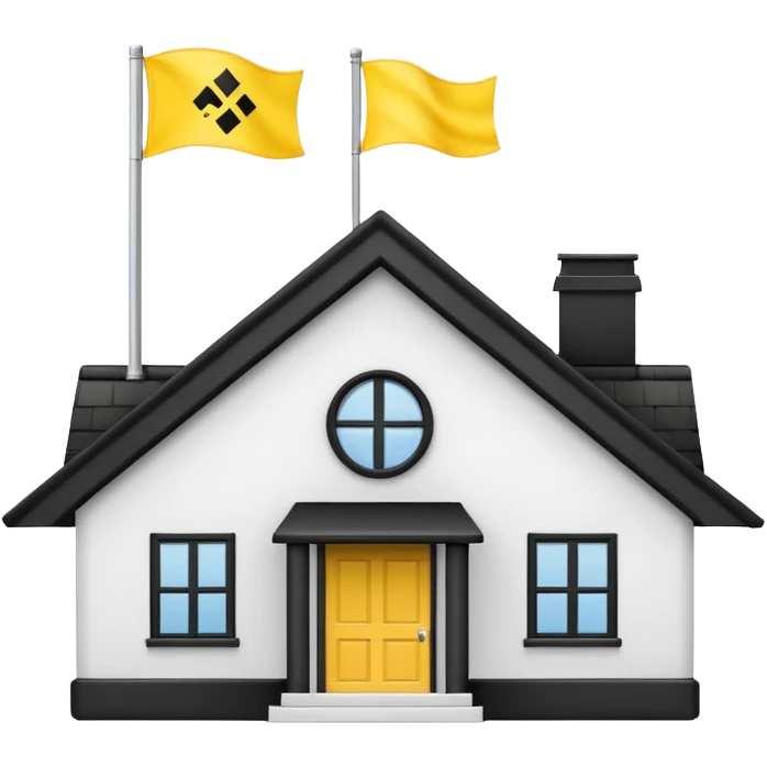 simple school, white background, magic school, black roof, with a big flag, big flag on a roof, big yellow flag, white school emoji