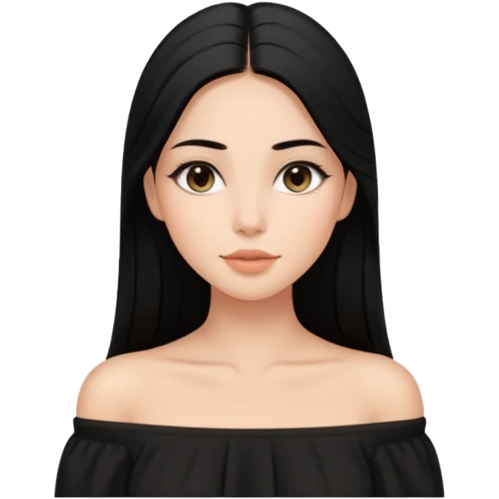 A realistic 3D avatar of a young woman with a soft oval face, slim cheeks, natural almond eyes, long straight black hair, minimal makeup, wearing a black off-shoulder top, elegant and aesthetic, tanned skintone. emoji