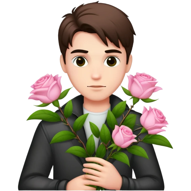 A cool bad boy with fair skin holding a bouquet of pink jasmine roses emoji