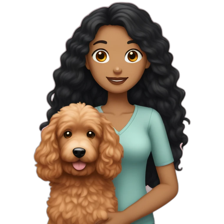 Girl with long black hair and fair skin holding red goldendoodle emoji