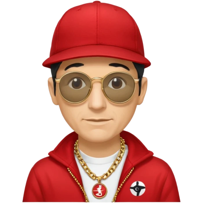 Mike D from Beastie Boys with dark glasses and red hat linux logo medallion on gold chain emoji