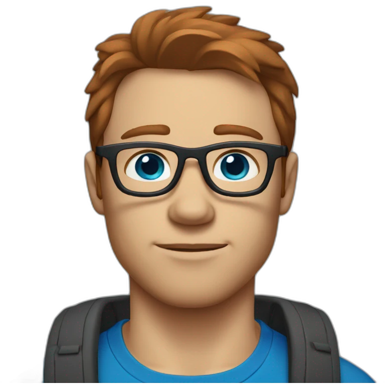 Slightly husky guy with reddish-brown hair and black glasses in a blue t shirt and blue eyes emoji