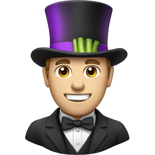 White man wearing a Top Hat with a purple band holding a leek emoji
