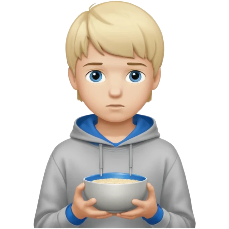 Teen boy with blue eyes and Grey hoodie standing up with blond short bowl cut emoji