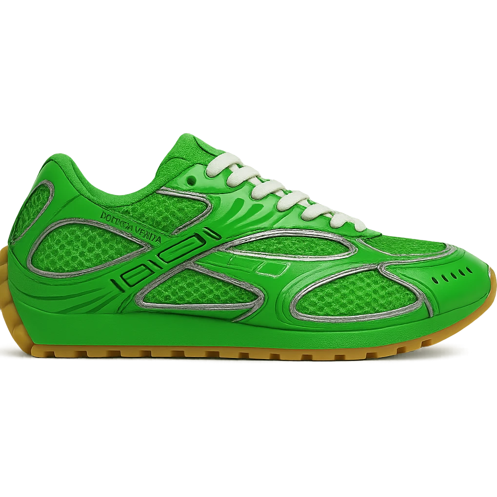 Recreate the Bottega Veneta Orbit sneaker in signature Bottega green, keeping the exact design and details, side view, clean background, in a realistic and detailed style. emoji