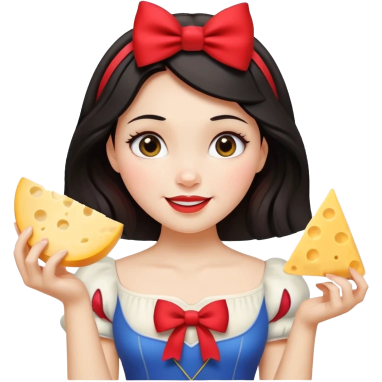 Happy Disney Snow White with red bow in hair and holding triangle wedge of cheese emoji