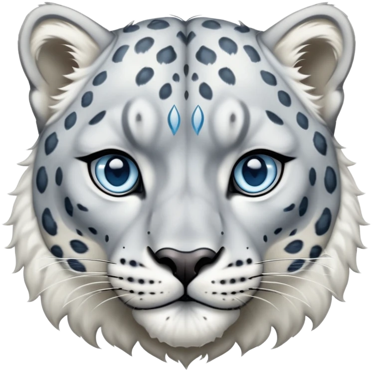 Cinematic-Noble-Snow-Leopard-Portrait-Emoji – Poised and majestic, with a muscular, agile build and a beautifully patterned coat of soft white and grey fur, marked with striking rosettes, deep-set, intelligent icy blue eyes, simplified yet sharp and sophisticated. zoomed out  emoji