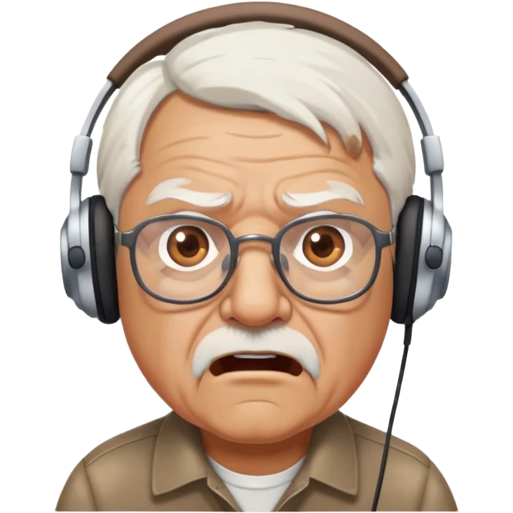 Brown old man with medium white hair, wearing glasses and headphones, looking surprised and angry, no facial hair, chubby, looking to the upper left corner emoji