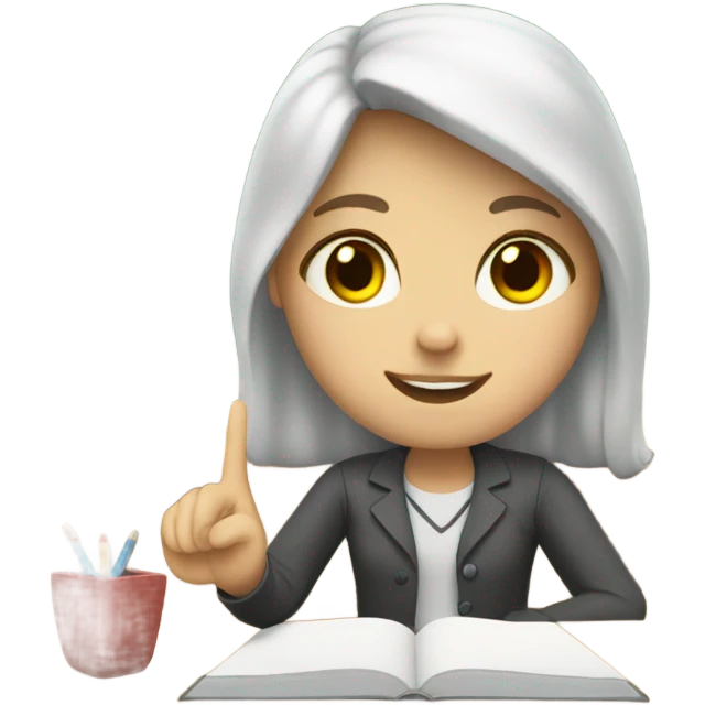 A white girl with a raised hand at a desk at school  emoji