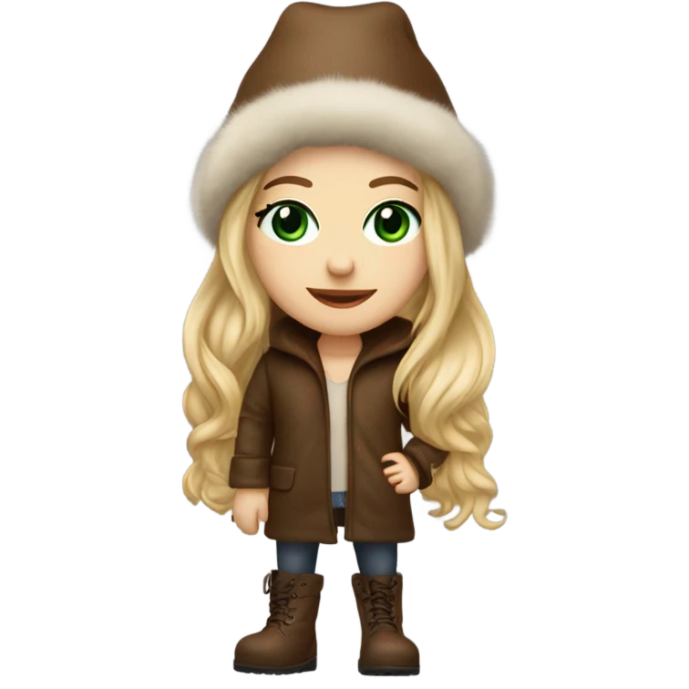 Realistic White girl with Long straight blonde hair, green eyes, tattoos, full body wearing Brown fur coat and fur hat and Brown leather boots, doing cute pose emoji