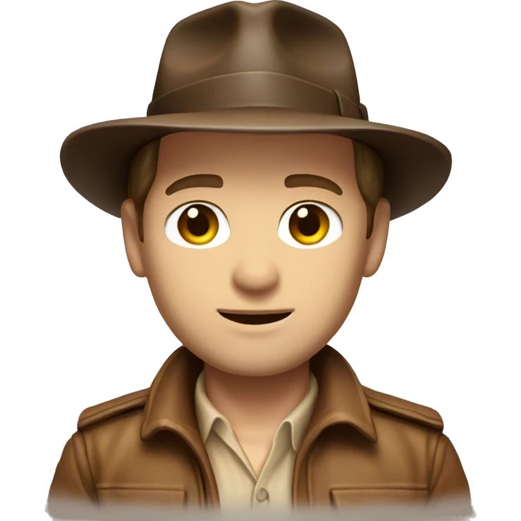 White skin Indiana Jones with a brown jacket and a brown hat, brown hair, beige shirt emoji