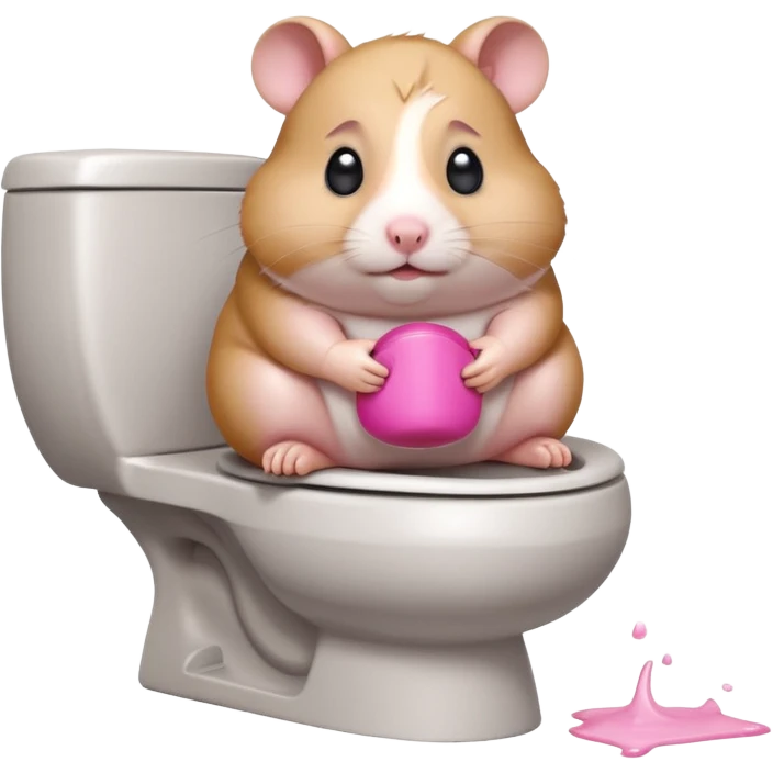Cute chubby cartoon-style hamster sitting on toilet pooping looking as if he had an accident emoji
