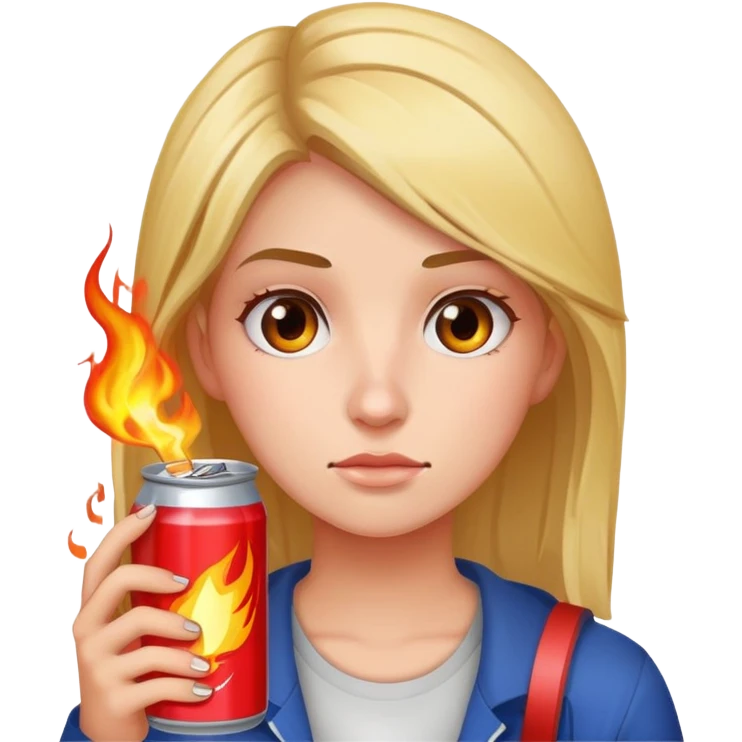 female student holding Burn energy drink can, tired face emoji