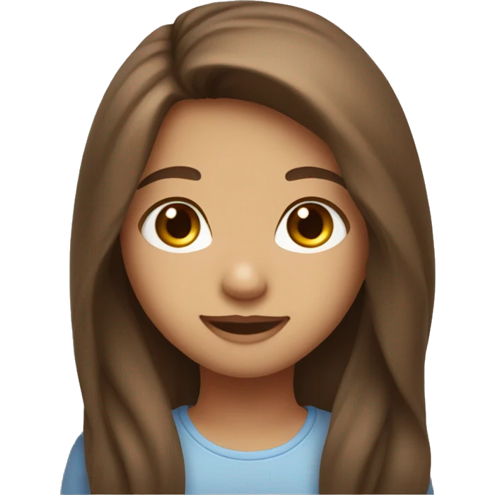 a girl with blue eyes, brown long hair, mole under the lips, light skin, cute smiling face emoji