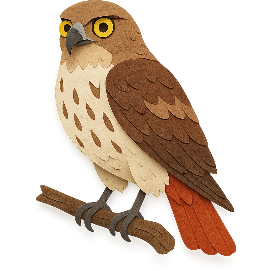 red-tailed hawk on a branch, layered paper details, expressive yellow eyes, brown and white plumage, vivid red tail, naturalistic pose emoji