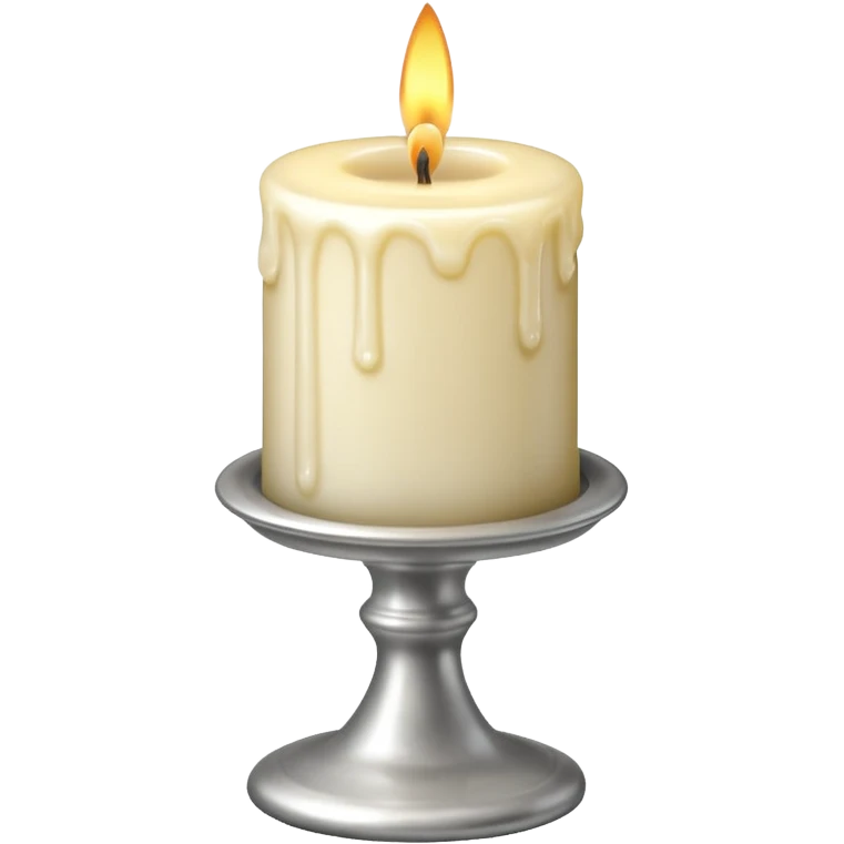 A silver candlestick holding a thick pillar candle glowing warmly. emoji