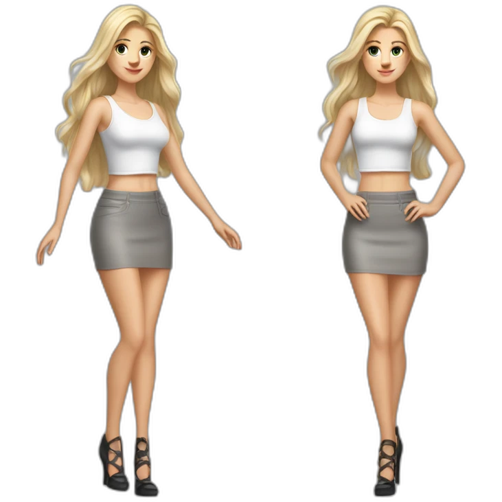 hyperrealist caucasian long blonde hair brown eyes woman white strap low cut tank top gray tight mini skirt black high heeled shoes full body emoji