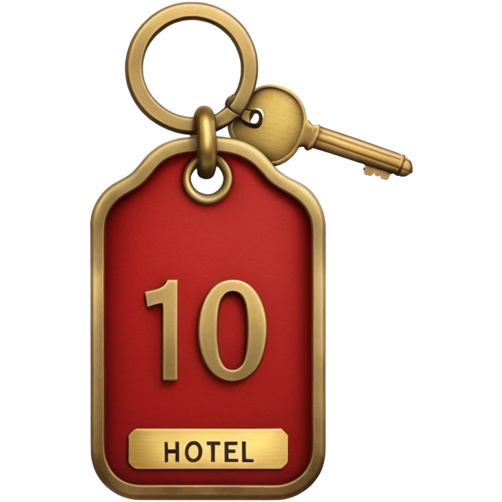 antique brass hotel key with large red leather room number tag emoji