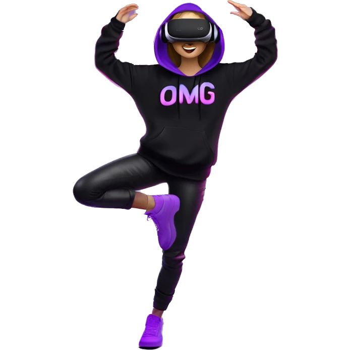 Russian girl wearing black hoody with violet letters "OMG", in vr headset oculus quest2. Dancing. Cyberpunk style. Violet neon. emoji