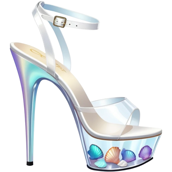 clear platform heel, pole dancing heel, pleaser, white, all translucent ,sea shells on it  emoji