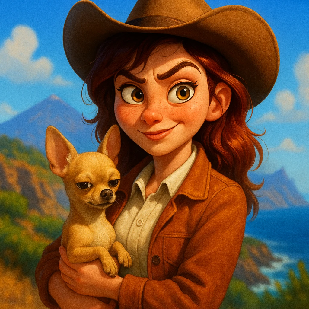 Portrait of a female cowboy with a rebellious and playful expression, wearing a cream shirt and a cognac-colored jacket, freckles, tanned skin, hazel eyes, auburn-highlighted hair, holding a beige-brown chihuahua in her arms, with a blurred background of Tenerife, in Pixar art style, bright illustration, expressive, big eyes, vivid colors. emoji
