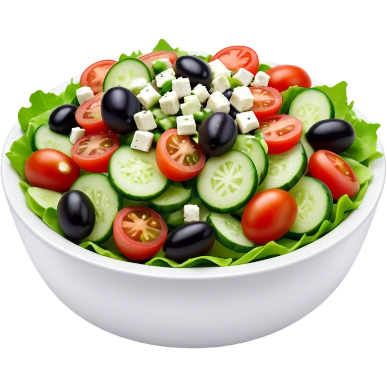 Cinematic Realistic Greek Salad Dish Emoji, depicted with crisp lettuce, tomatoes, cucumbers, olives, and feta cheese rendered with vibrant textures and fresh, natural lighting. emoji
