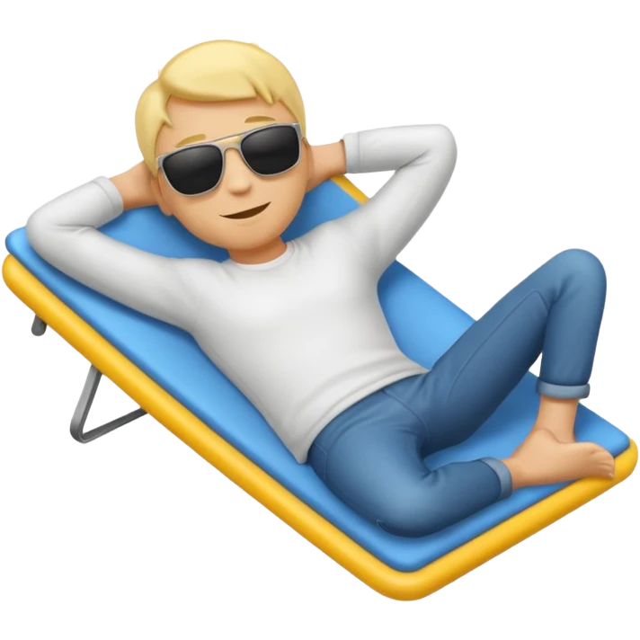A full-body emoji man, with classic yellow skin tone, lying down or leaning back in a relaxed pose. He is wearing sunglasses and has both arms behind his head. The style should match standard emoji designs (like Apple emoji