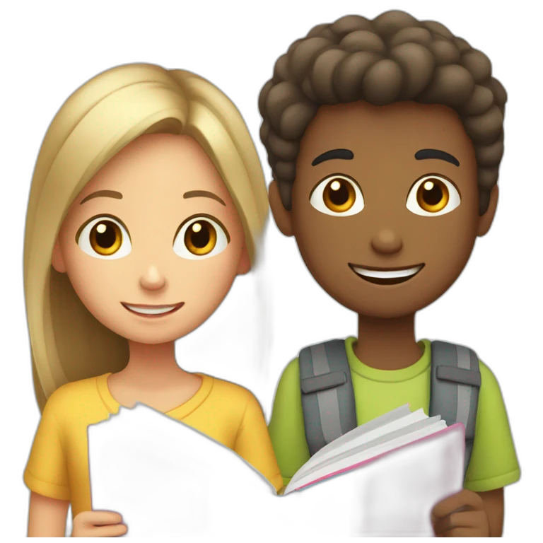 boy and girl of seven years old with an English textbook emoji