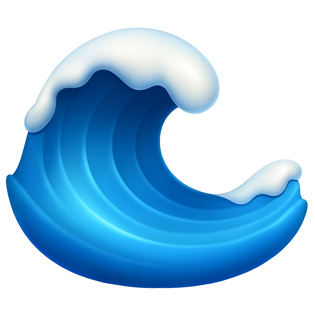 Create a wave emoji that looks exactly like the reference image in classic iOS emoji style. The emoji should be 3D with shiny, smooth gradients, soft shadows, and use blue and white colors to match the classic emoji look. Add a subtle highlight to the crest of the wave. emoji