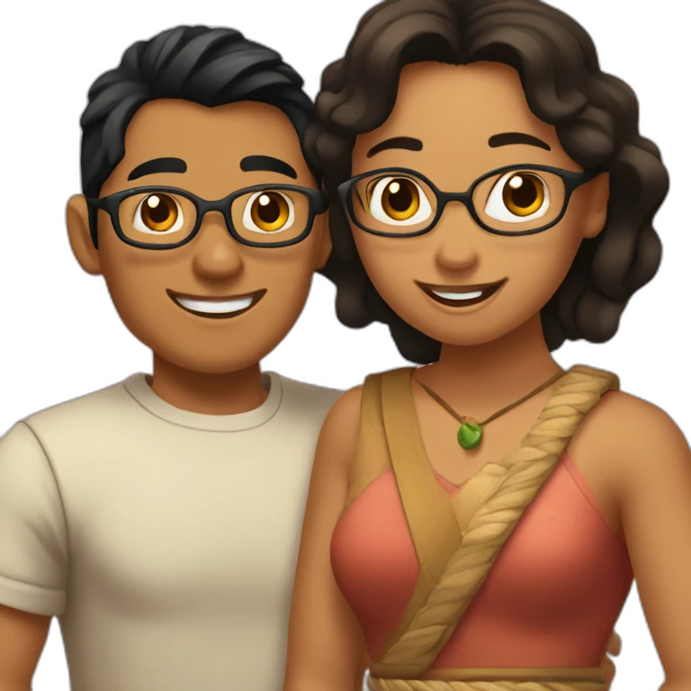 Polynesian boy with black hair and no glasses and woman with brown ponytail hair and glasses hug each other emoji
