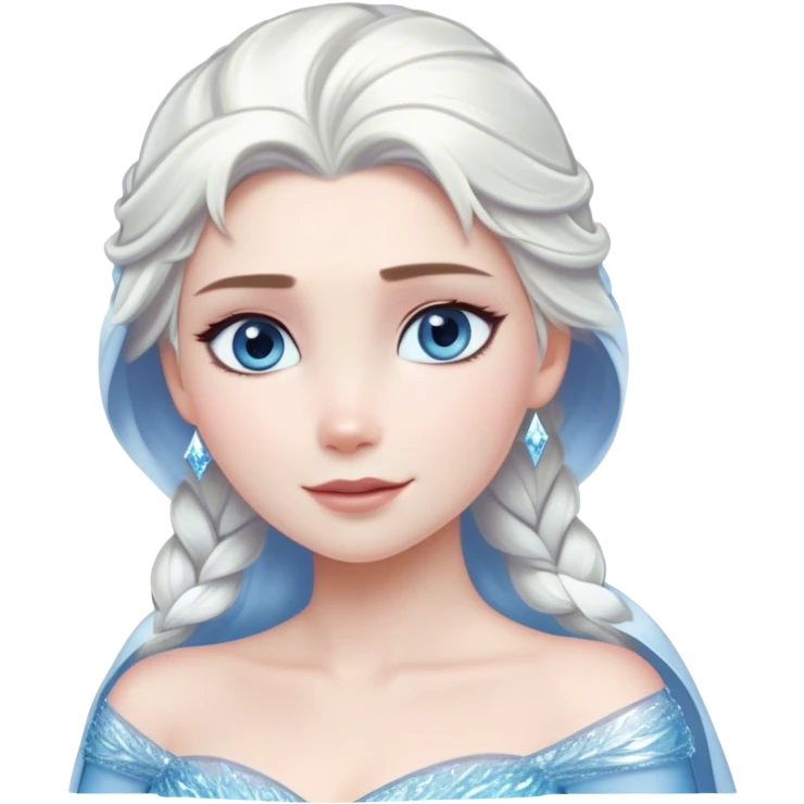 Cinematic Serene Snow Queen Portrait Emoji, rendered in a simplified vector style. Depict a gentle Elsa (chest and above) with delicate icy skin, softly cascading platinum hair, and calm, reflective blue eyes, dressed in her classic ice-blue gown. The image exudes a soft, luminous frosty radiance with high shine and a subtle glowing outline. emoji