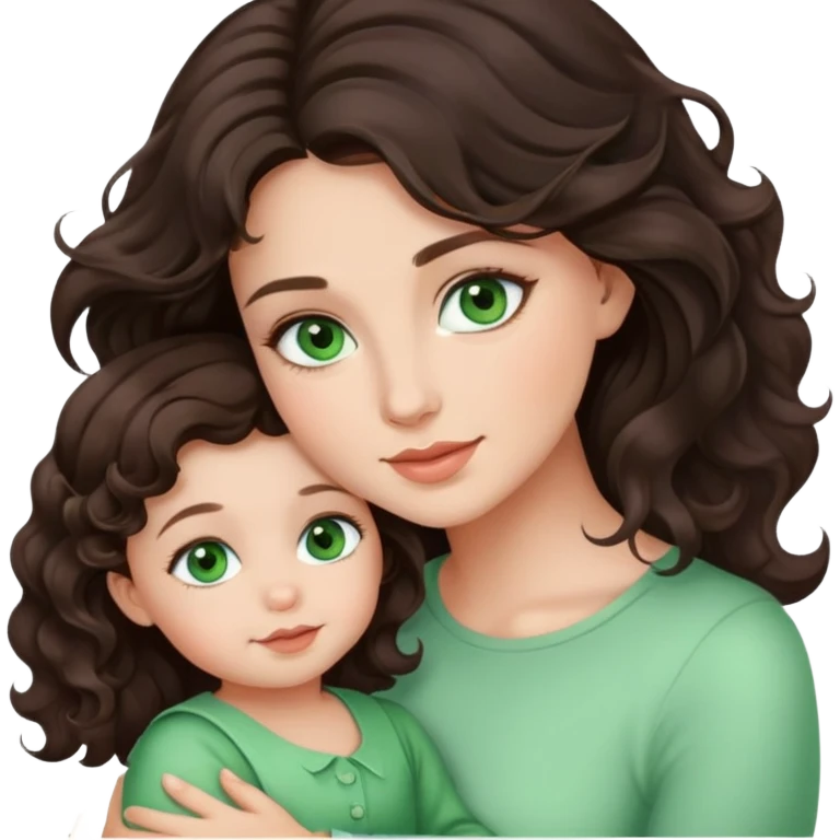 Beautiful girl with dark brown wavy hair and green eyes, holding toddler girl emoji