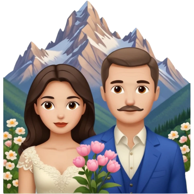 Couple traveling in Montenegro russian man and elegant  Latina girl delicate flowers and mountains in the background no mustache  emoji