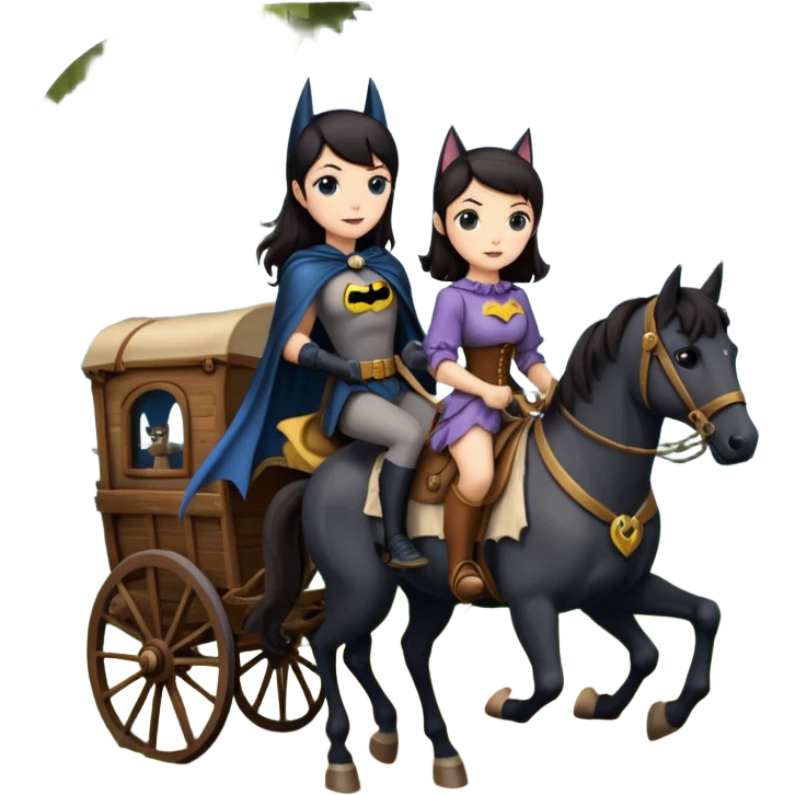  Rustic wood detailed 1854 Batman driving and pretty dark-haired Catgirl riding a horse drawn huge Caravan alone together on a romantic trail in the woods  emoji