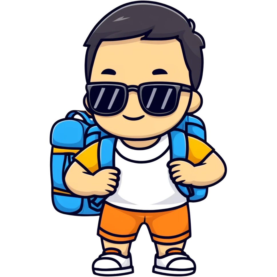 Asian tourist with backpack taking photos, sunglasses emoji
