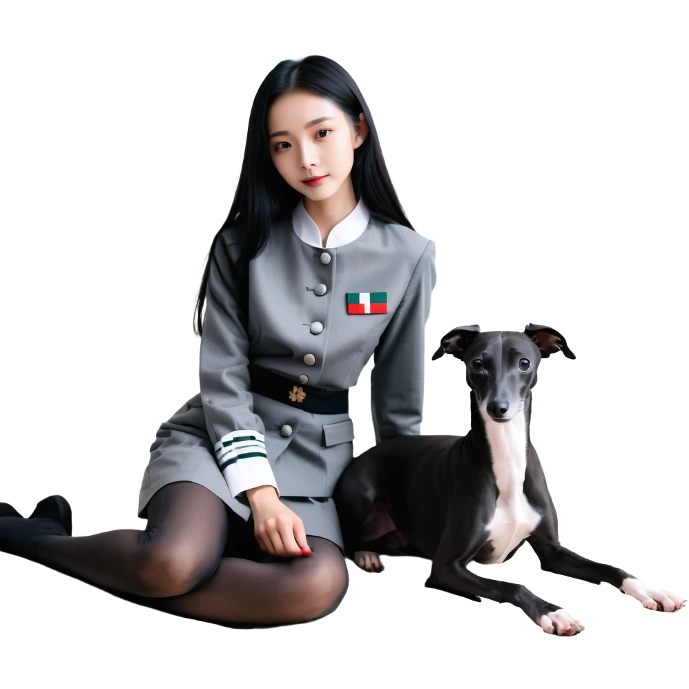 Slim Chinese girl with long black hair and her completely solid dark grey Italian greyhound in a cozy home setting, the dog has absolutely no white markings on face or nose, completely uniform grey color throughout emoji