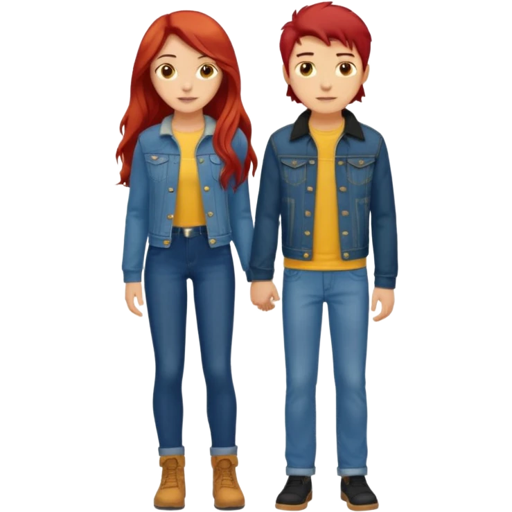 full-length couple, girl with long red hair and brown eyes in blue jeans and yellow top, boy with black hair in denim jacket emoji