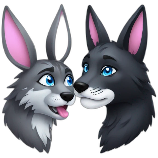Black wolf with blue eyes kissing gray tiger with pink eyes and big rabbit ears emoji
