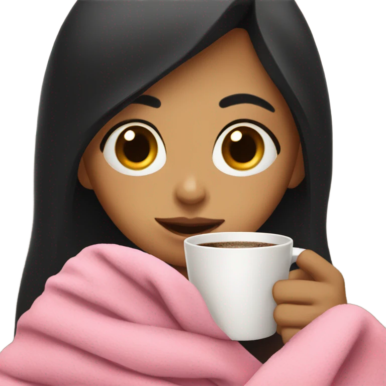 Black hair girl Drinking coffee wrapped in pink blanket emoji