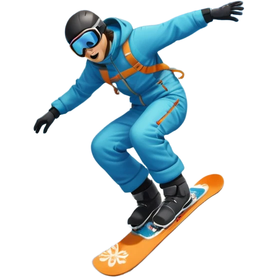An icon featuring a snowboarder mid-jump, performing a stylish trick above a snowy mountain slope. The background showcases powdery snow, evergreen trees, and a bright blue sky. Transparent background captures the energy, skill, and thrill of snowboarding. emoji