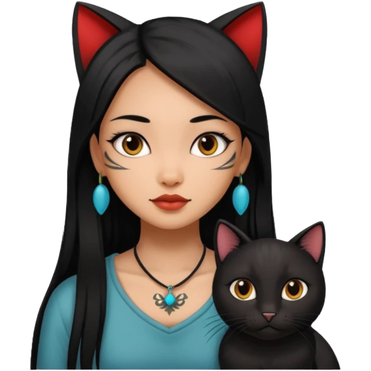 beautiful brown girl, with tattoo, with the long black hair, straight hair, chinese, with black cat emoji