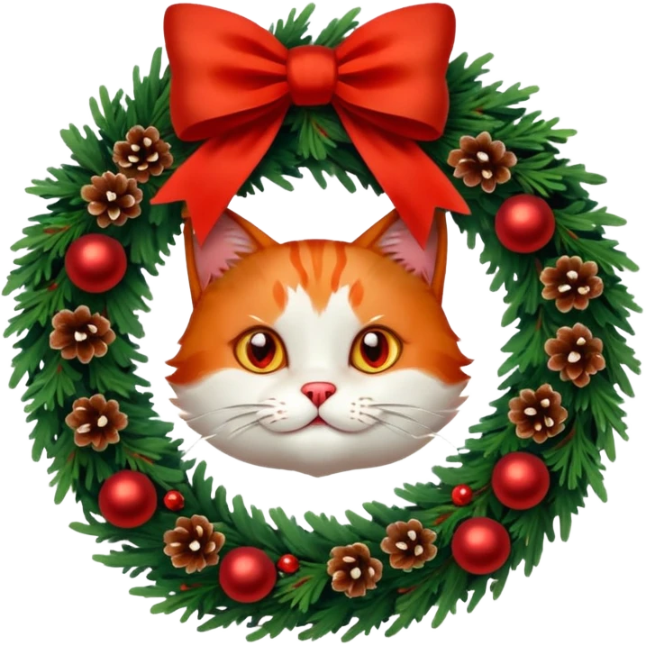 A Christmas wreath made entirely of fir trees, decorated with a red bow at the bottom, pine cones and Christmas tree balls, and a cat poking its face through the hole in the center. emoji